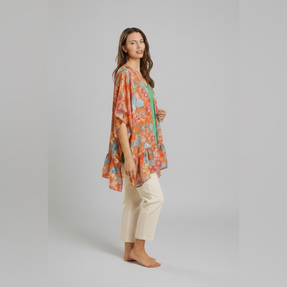 TANGERINE TROPIC BLOOM RUFFLE SLEEVE KIMONO - Picture 2 of 9